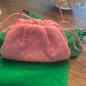 Pink Woven Leather Drawstring Bag